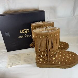 Jimmy Choo UGG Brown Suede Gold Star Studded Fringe Boots size 8 with Box
